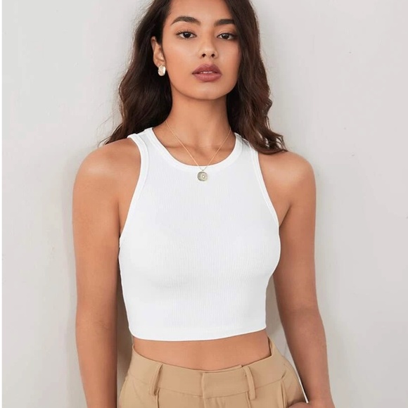 Rib-Knit White High Neck Crop Tank Top - Picture 1 of 16